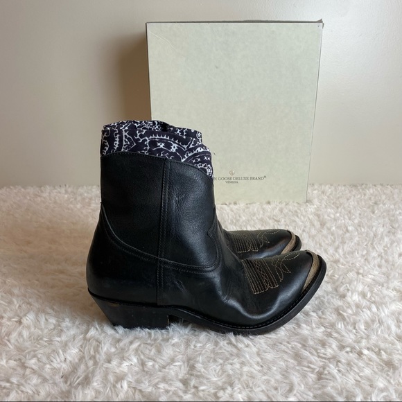 NEW Golden Goose Young Leather Western Bootie with Bandana Trim in Black - Picture 12 of 16